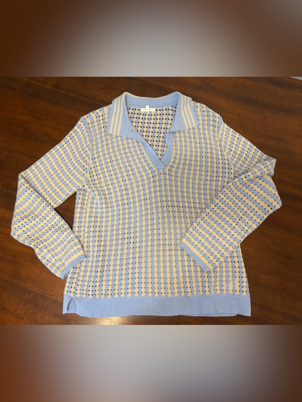 Maurices Blue and Cream Open-Knit Collared Sweater